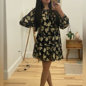 Zara Sz M Gold and black floral mini dress #floraldress